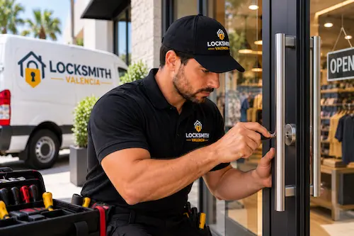 Commercial locksmith service for a business door in Valencia